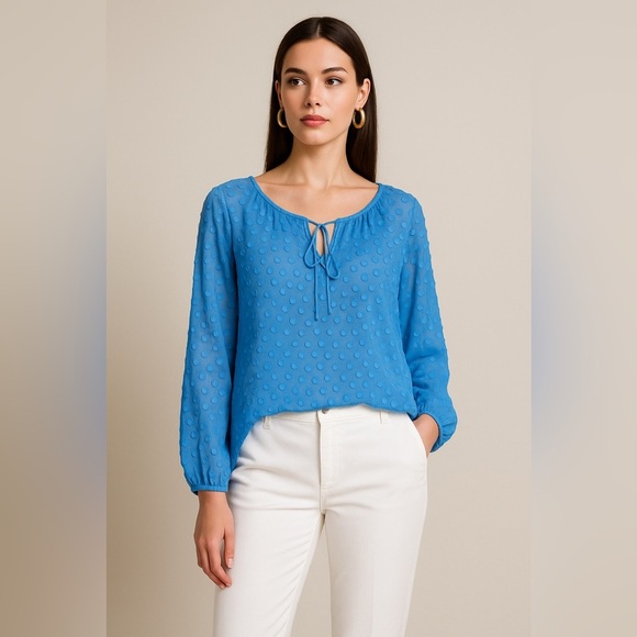 J.Crew Factory Women's Blue  Chiffon Peasant Blouse Clip-Dot Keyhole  🌟 - Picture 13 of 13